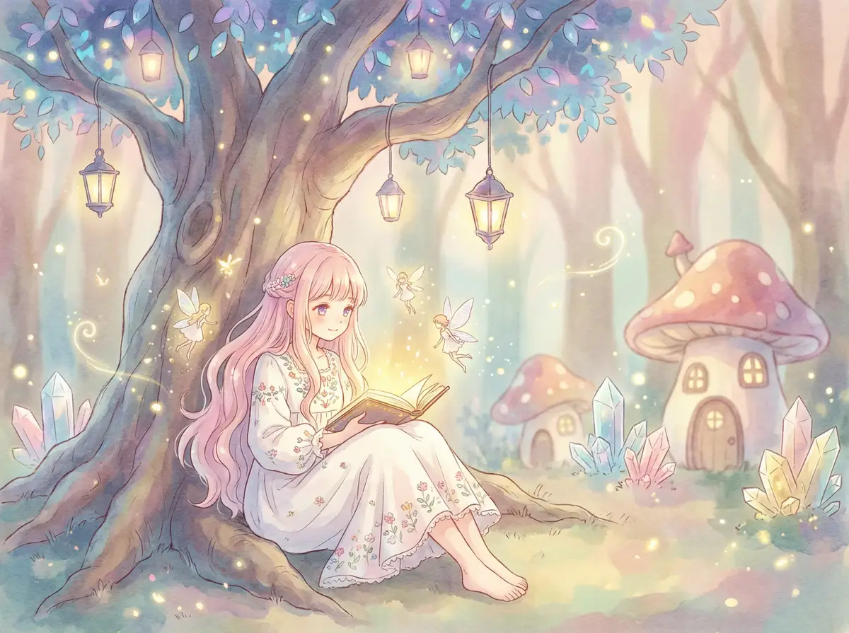 抖阴app - 魔法森林中阅读故事书的粉发少女与精灵